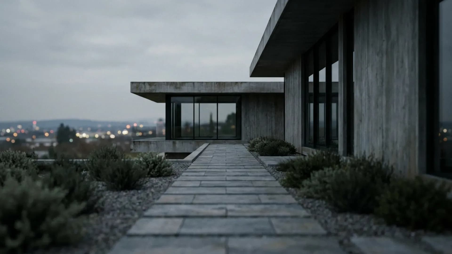 A hillside residence at the blue hour — illustrative still (sample)
