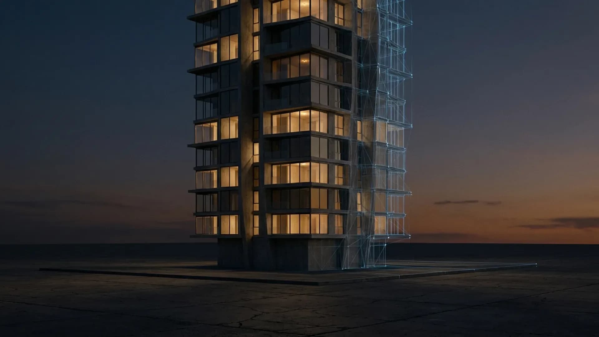 An unbuilt tower, rendered as if photographed — illustrative still (sample)